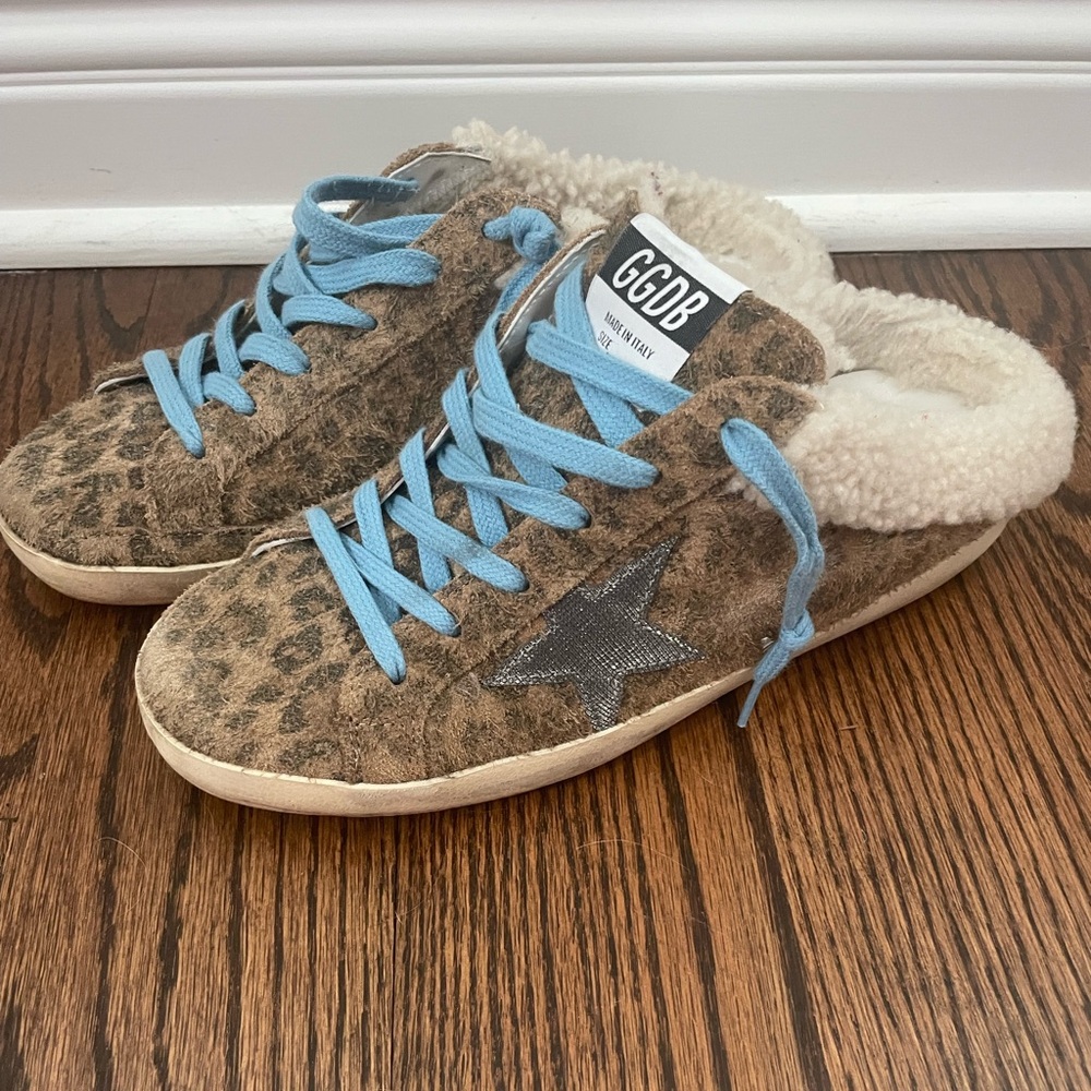 Golden Goose Leopard Print Sneakers with Blue Laces